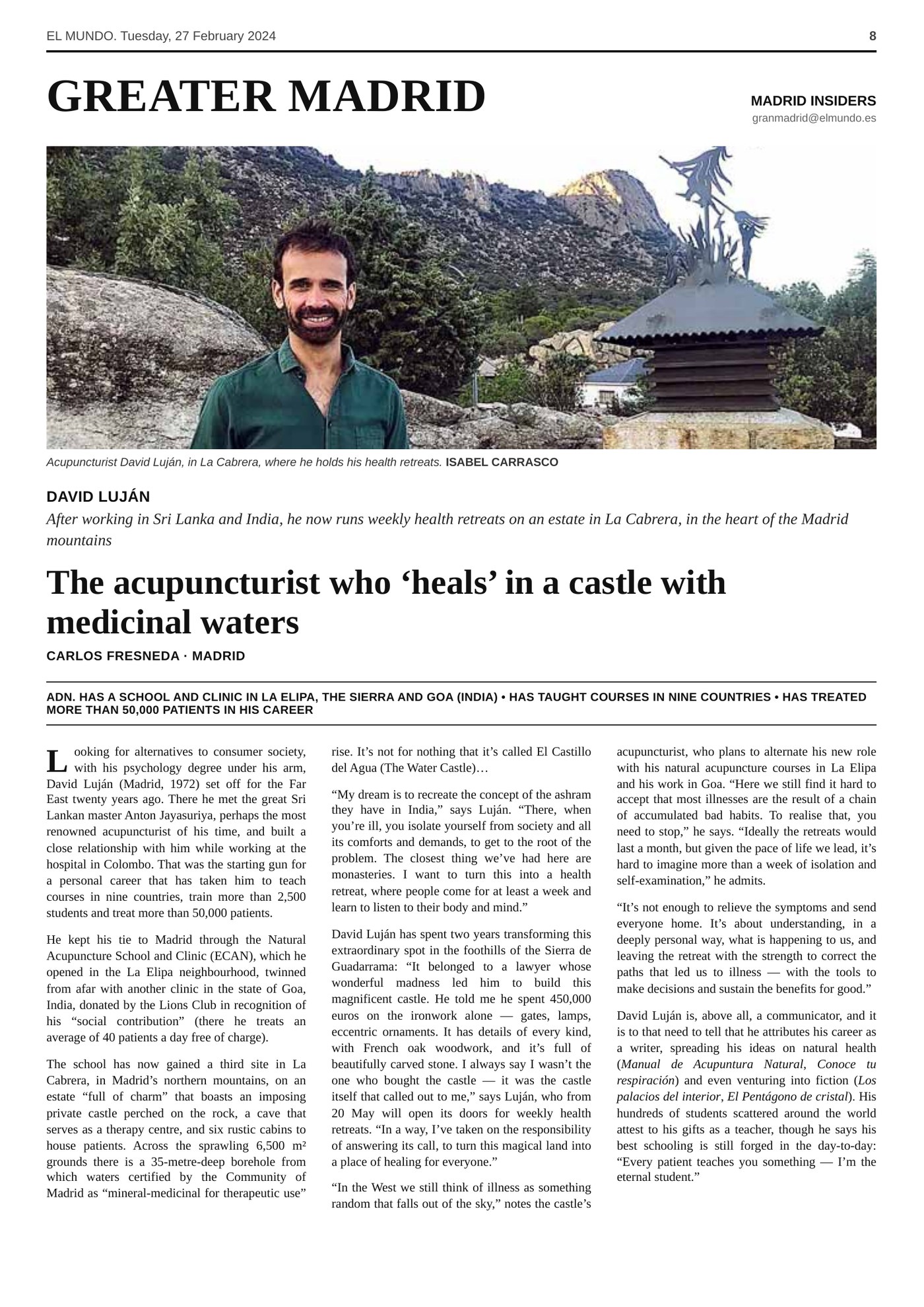 El Mundo newspaper feature: “The acupuncturist who heals in a castle with medicinal waters”, about Prof. David Luján