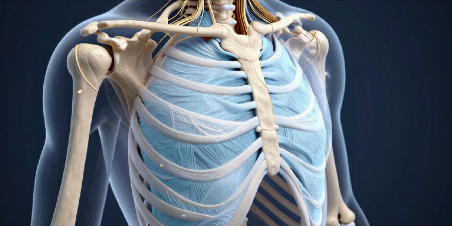 Render 3D del sistema fascial en el hombro y la caja torácica